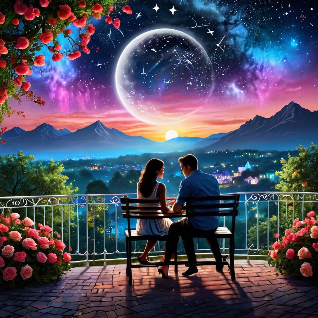A serene night scene with a couple sitting on a moonlit terrace, surrounded by blooming roses, as they listen to music notes visualized as colorful swirls flowing around them. The background features a starry sky with constellations shaped like musical symbols, conveying romance and passion. Soft, warm light illuminates their faces, capturing an intimate moment. super-realistic. vibrant colors. dreamy atmosphere.