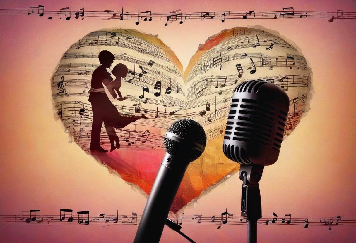 A visually striking collage showcasing iconic romantic music elements, such as a vintage microphone, sheet music fading into vibrant colors, and heart-shaped musical notes swirling around. The backdrop features silhouettes of couples dancing under soft, ethereal lighting, capturing the essence of devotion throughout the decades. Each element represents a different era of romantic music evolution. dreamy, vibrant colors, romantic style, 3D elements.