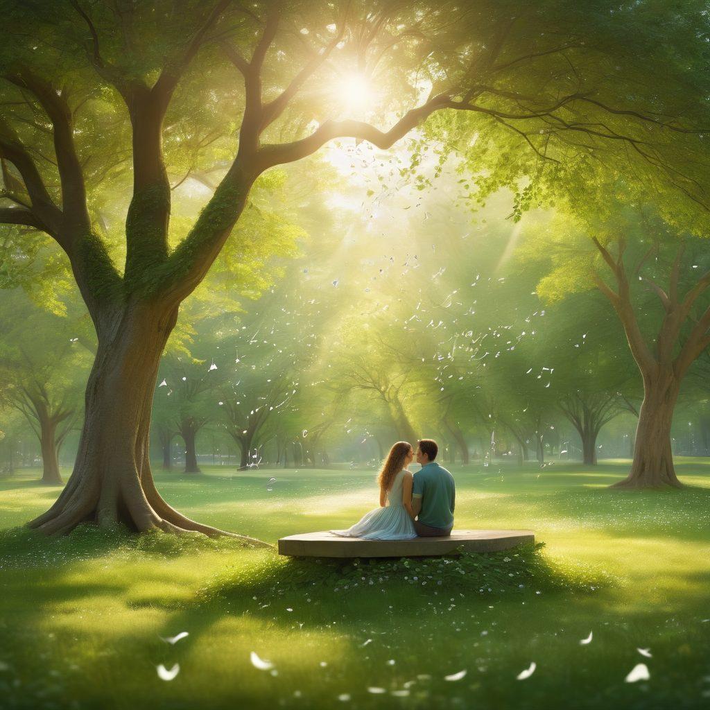 A serene scene depicting a couple sitting together in a lush green park, surrounded by ethereal musical notes flowing around them, symbolizing the melodic poetry connecting their emotions. Soft sunlight filters through the trees, casting warm hues that represent love and harmony. The background features whimsical illustrations of poems floating in the air. dreamy and romantic. vibrant colors. hyper-realistic.